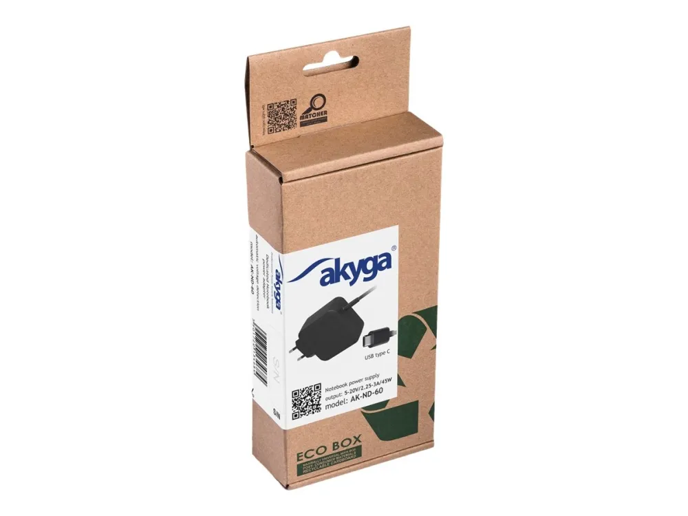 Nešiojamojo kompiuterio pakrovėjas Akyga AK-ND-60 (5-20V / 2.25-3A 45W) USB type C 1.2m Power Delivery - Image 2
