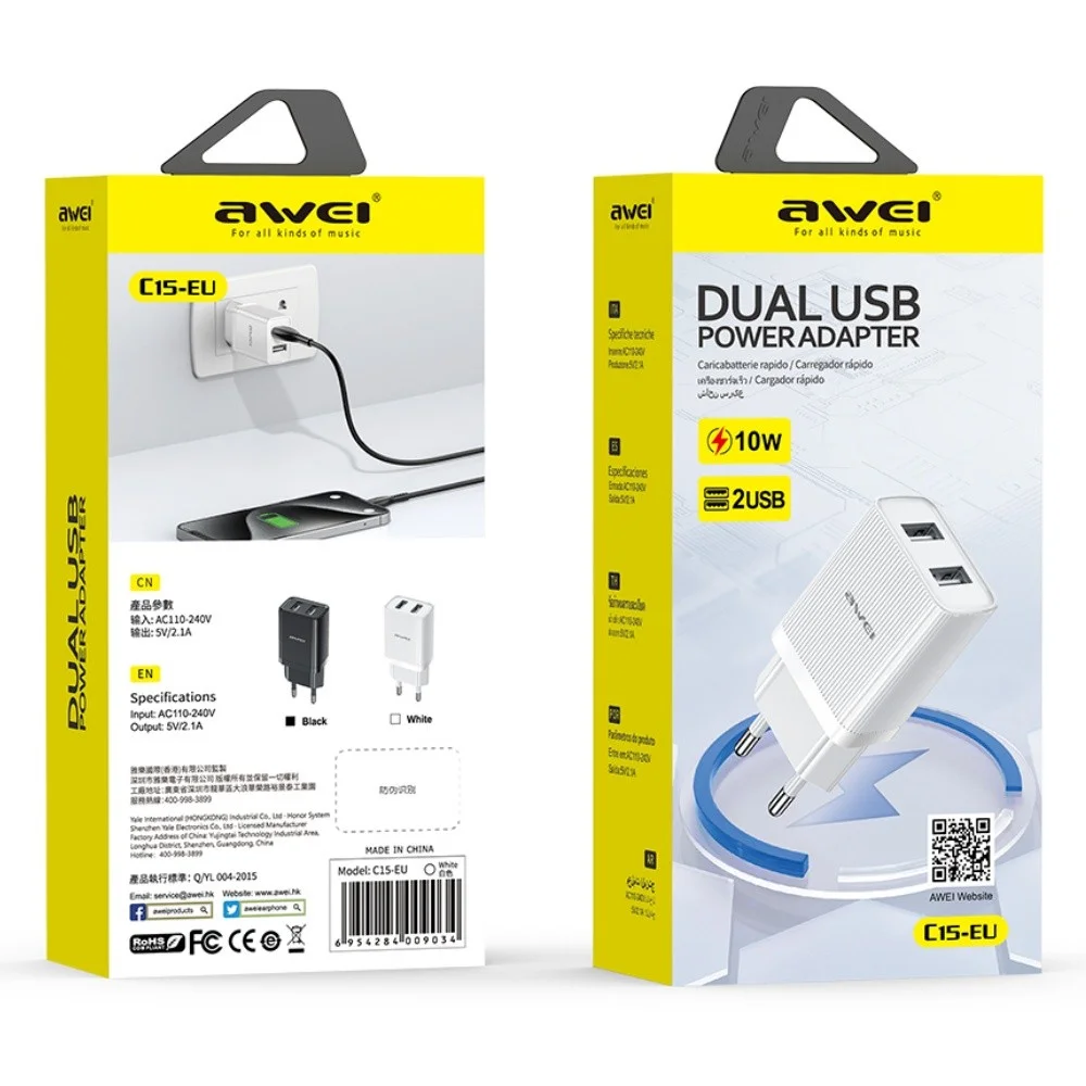 Awei C15T-EU 10W tinklo įkroviklis su 2 USB jungtimis ir USB-C laidu