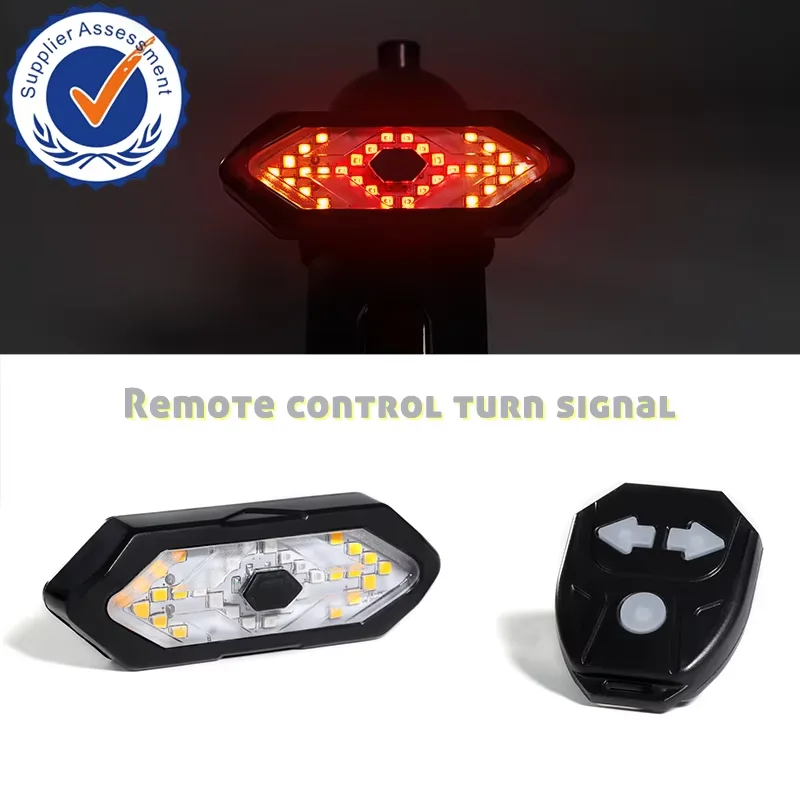 LED galinis žibintas su belaidžiu pulteliu ir posūkių signalais pritvirtintas prie dviračio