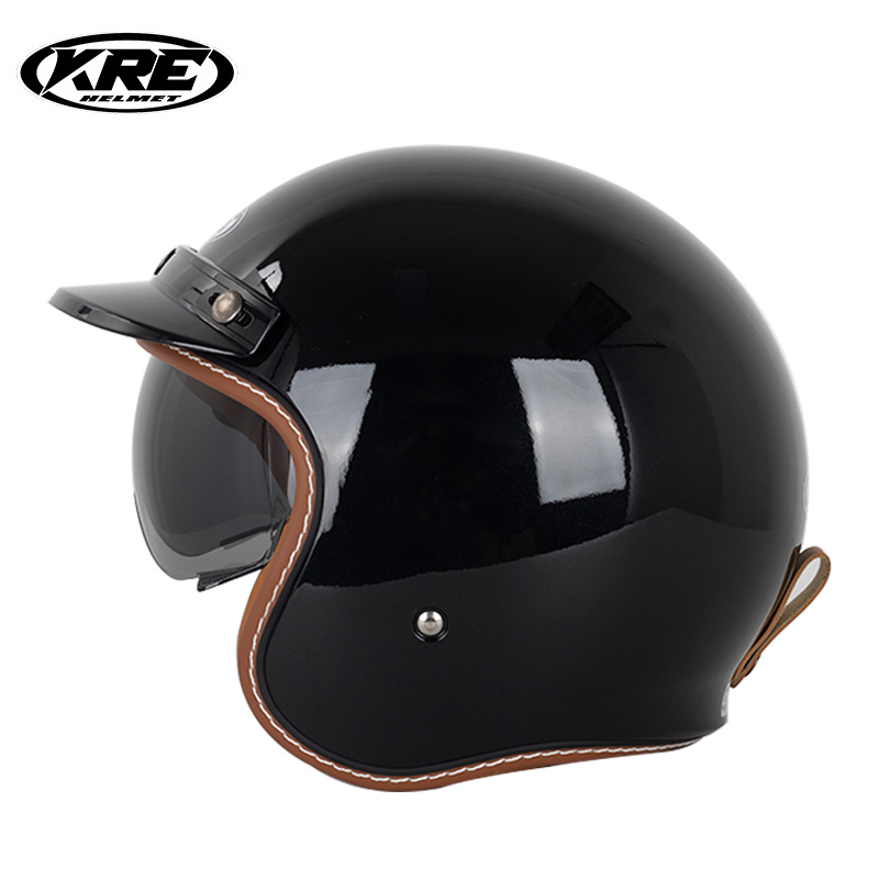 Retro stiliaus atviras šalmas KRE Helmet KT67 juodas blizgus