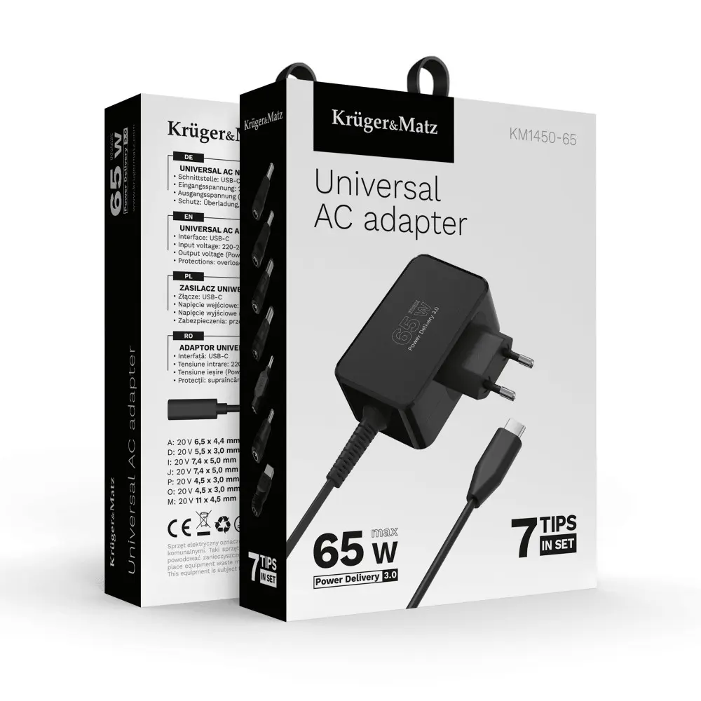 Universalus Kruger&Matz 65W USB-C nešiojamo kompiuterio įkroviklis su 7 antgaliais