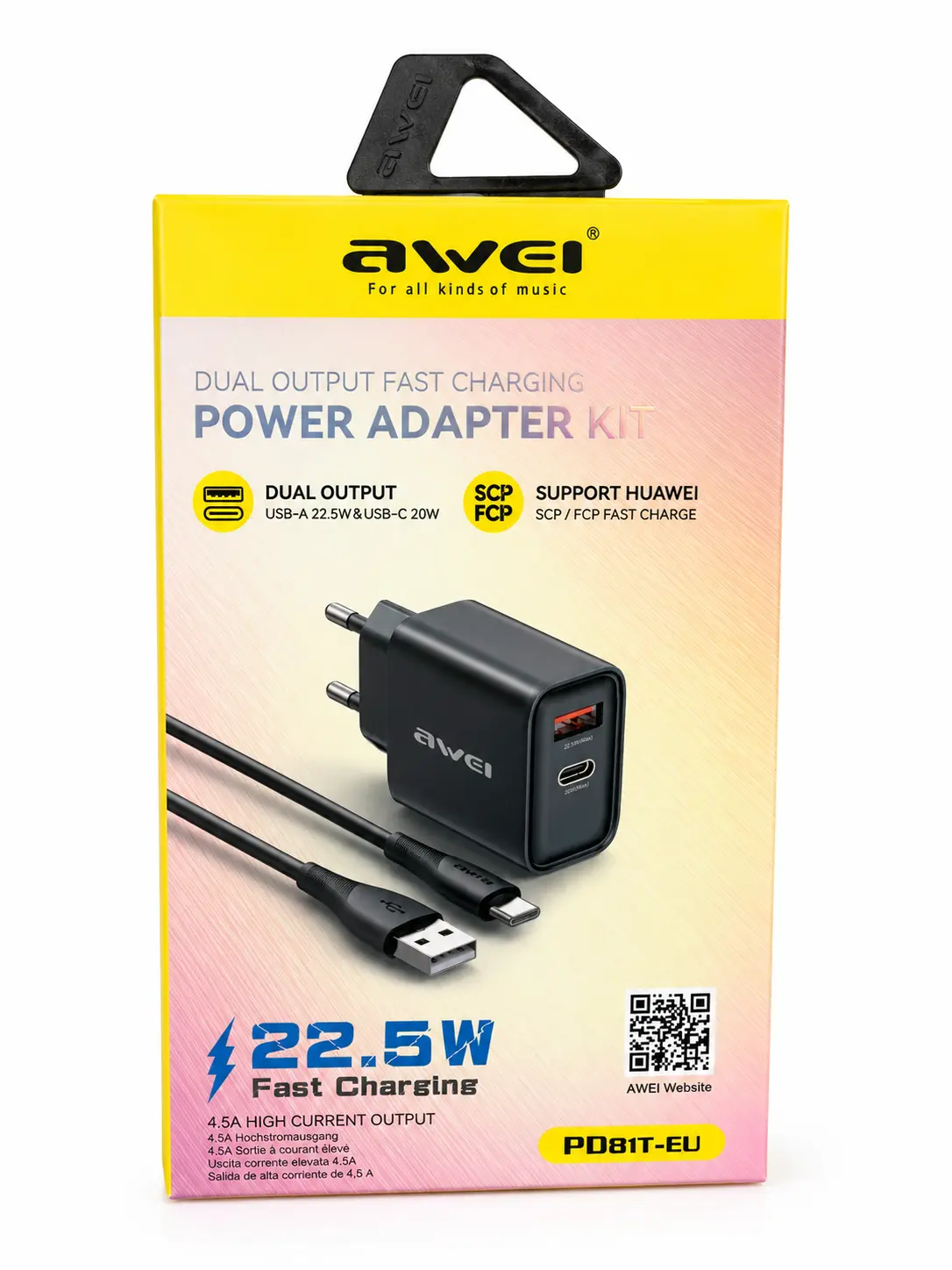 Awei PD81C-EU 22.5W USB-A USB-C tinklo įkroviklis su USB-C laidu