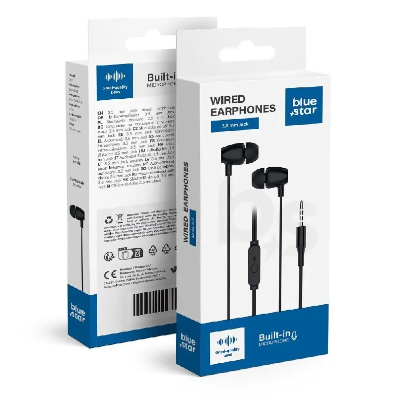 Blue Star PA-E67 laidinės ausinės su 3.5 mm Jack jungtimi ir mikrofonu juodos