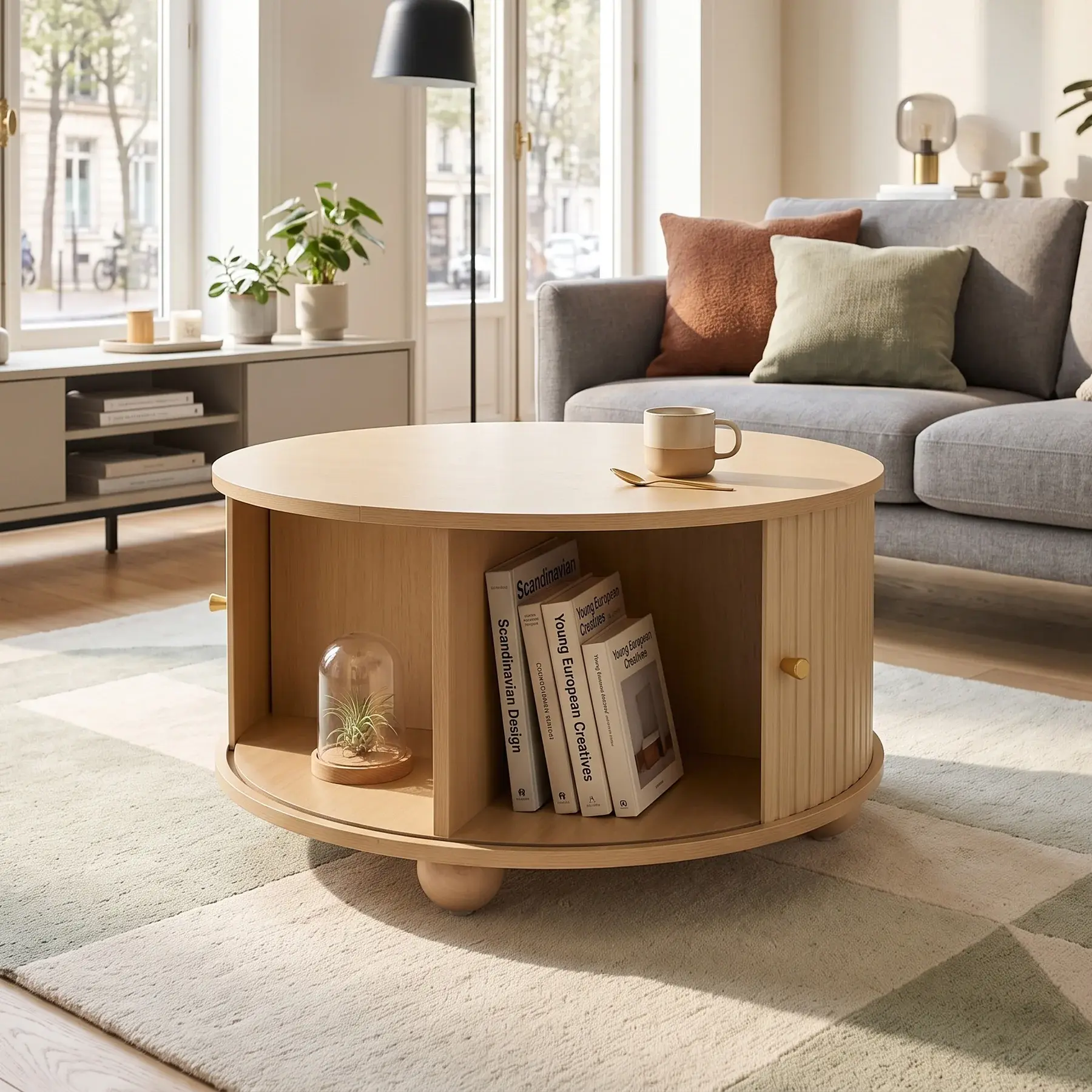 FLEX VASE apvalus svetainės staliukas su stumdomomis durelėmis