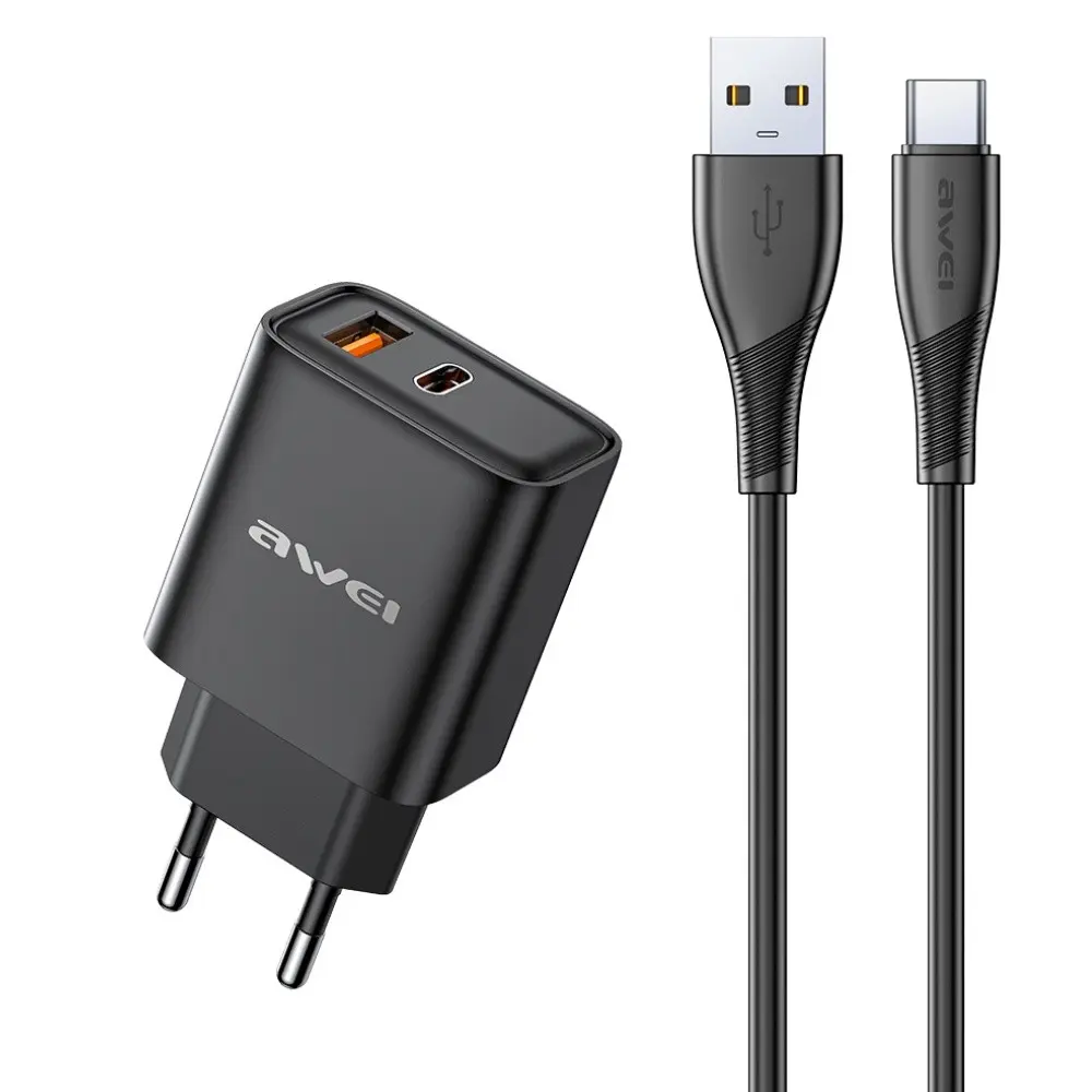 Awei 22.5W greitas tinklo įkroviklis USB-C USB-A su 1 m USB-C kabeliu
