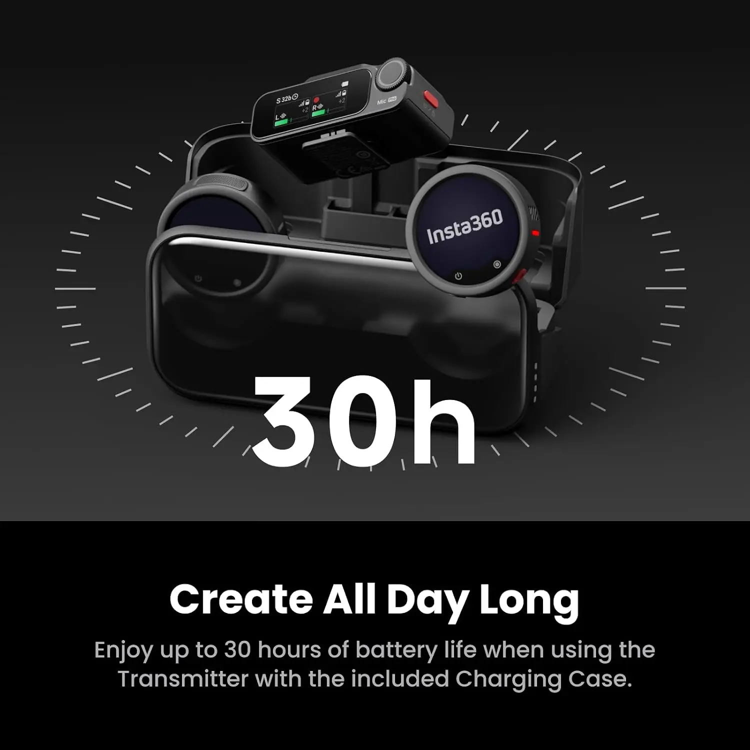 Insta360 Mic Pro profesionalūs belaidžiai mikrofonai su įkrovimo dėklu veikimo laikas