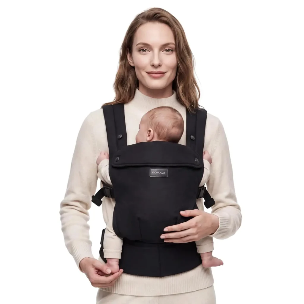 Ergonomiška juoda Momcozy BC001 kūdikių nešioklė su X formos nugaros diržais ir juosmens atrama