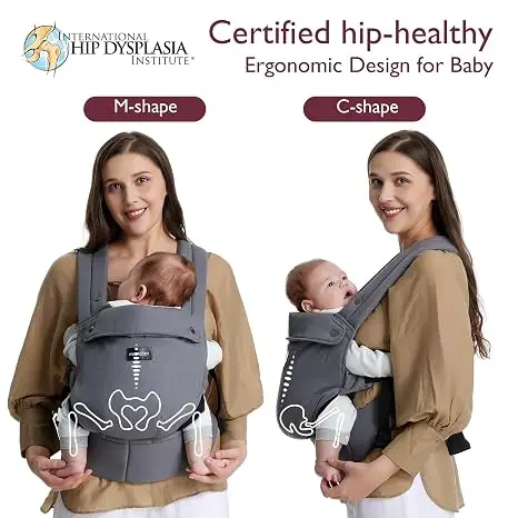 Mama su kūdikiu naudojanti Momcozy BC001 ergonominę kūdikių nešioklę