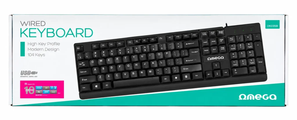 Omega OK-35 laidinė USB QWERTY klaviatūra su 104 mygtukais juoda