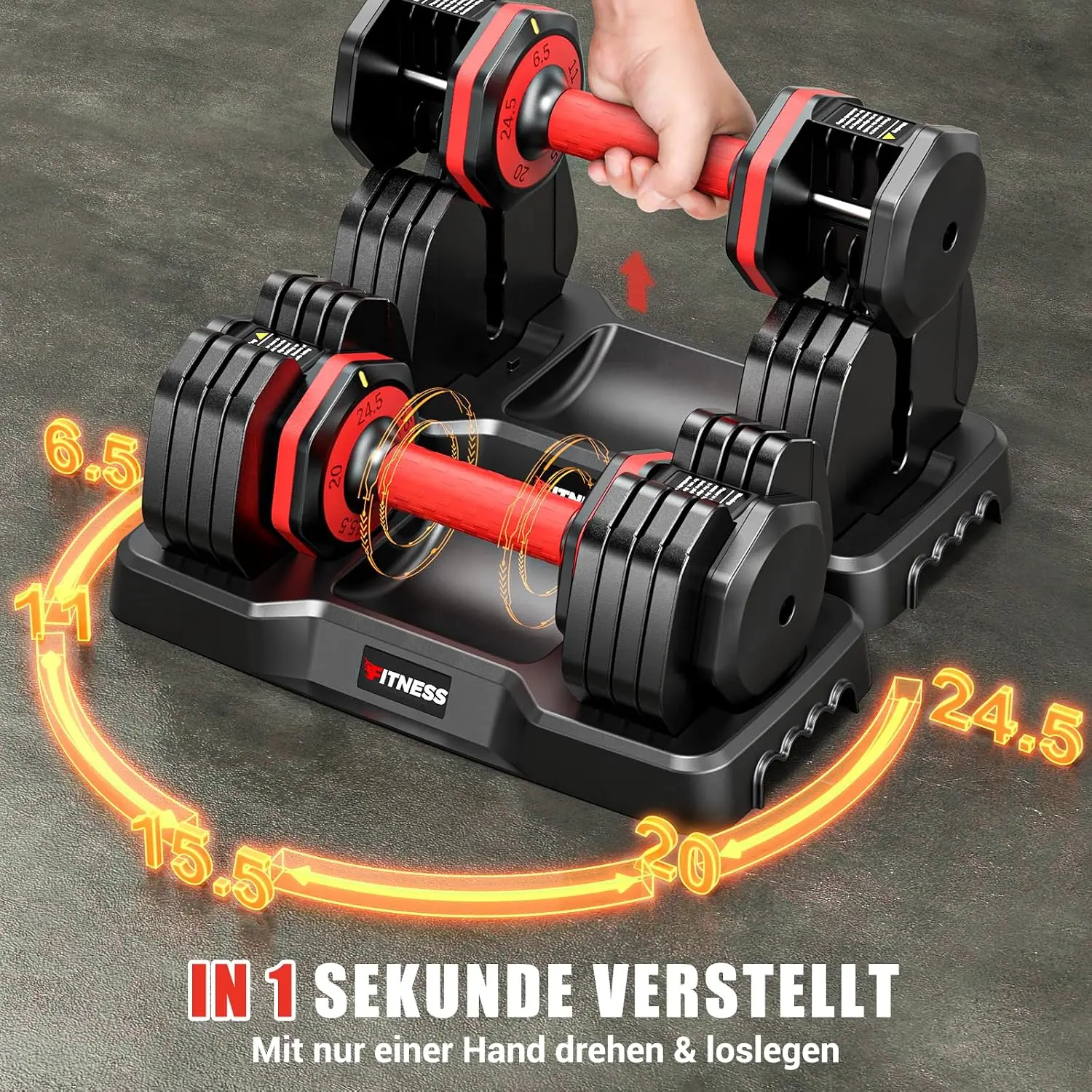 XDDIAS 5-in-1 hantelis su greitu svorio reguliavimu 6,5–24,5 kg